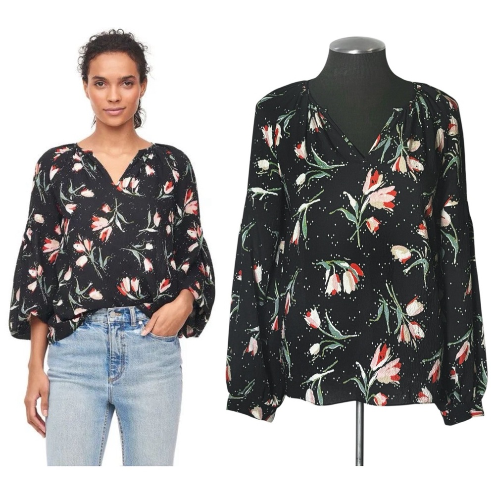 Womens Black Floral V-Neck Long Sleeve Top
